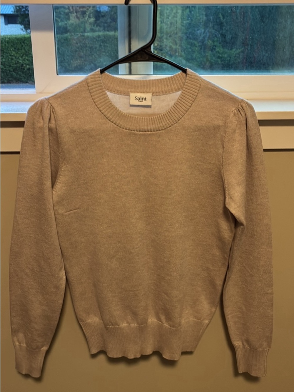 Saint Tropez West Beige Crewneck Sweater with Slightly Puff Shoulders
